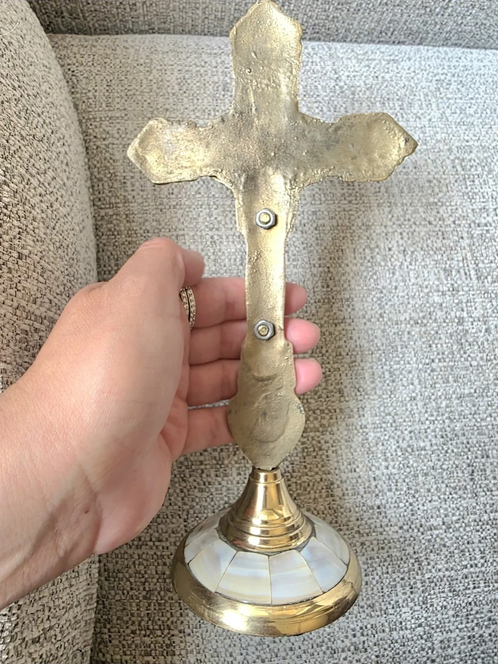 Vintage Brass & Mother of Pearl Standing Crucifix - Altar Tabletop Cross, 10